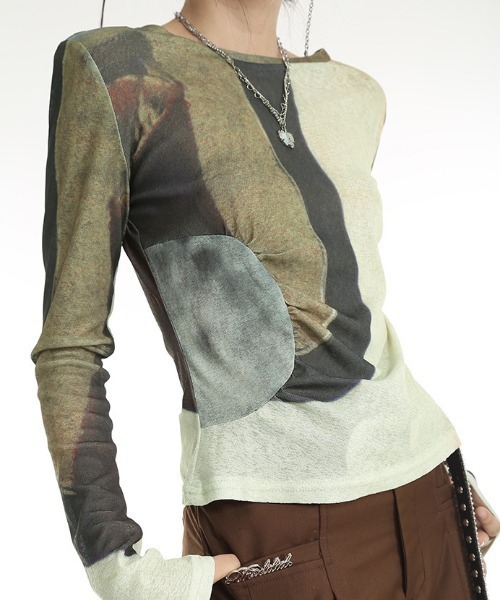 Sibra(シブラ)の「Uネック配色シアートップス(Tシャツ/カットソー・レディース・カーキ・M)」の1枚目の写真