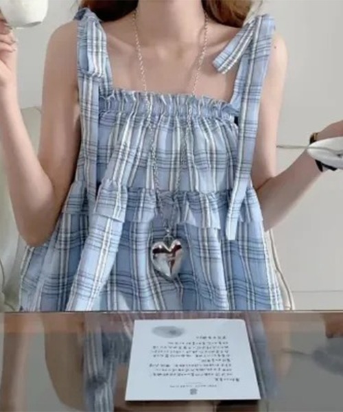 RENE♡ 2021年モデル♡チェックブラウス♡ルネ MA*RS】チェックパールネックレス付き袖レースブラウス - BLK