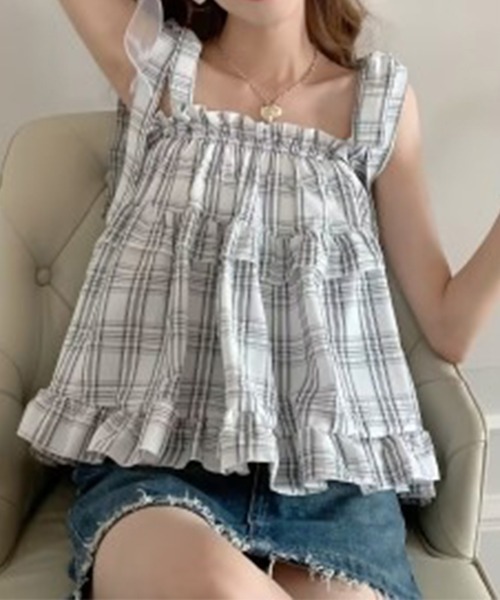 leune（ルネ）の「チェックキャミブラウス（シャツ/ブラウス・レディース・ホワイト/ブルー/ピンク・FREE）」の8枚目の写真