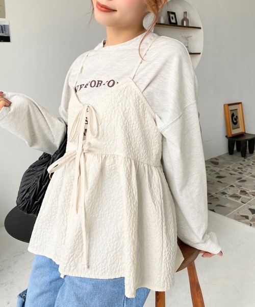 新品 アイボリー リボン ビジュー ペプラム キャミ ビスチェ M me eme リベリー Riberry フラワー刺繍ペプラムシアーキャミソール