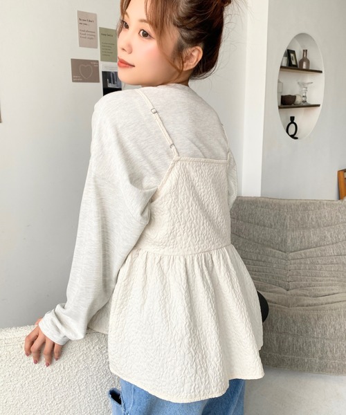 新品 アイボリー リボン ビジュー ペプラム キャミ ビスチェ M me eme セール】前後2WAYエンボスふくれフラワージャガードダブルリボン