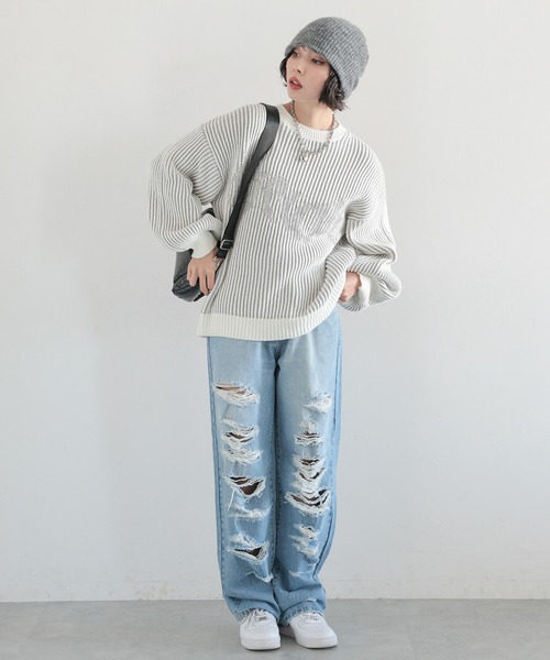 PAGEBOY(ページボーイ)の「ストライプロゴニットプルオーバー(ニット/セーター・レディース・ブルー/オフホワイト/ブラック・FREE)」の14枚目の写真