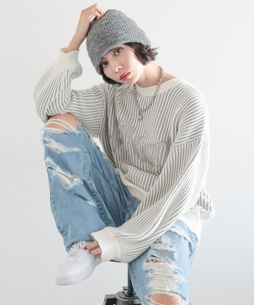 PAGEBOY(ページボーイ)の「ストライプロゴニットプルオーバー(ニット/セーター・レディース・ブルー/オフホワイト/ブラック・FREE)」の11枚目の写真