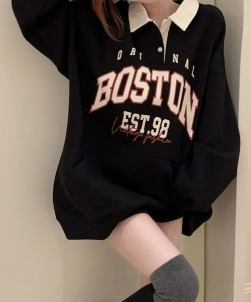 CANVAS+（キャンバスプラス）の「【CANVAS+】BOSTONプリント配色ポロ衿トップス（スウェット・レディース・レッド/ブラック・M）」の5枚目の写真