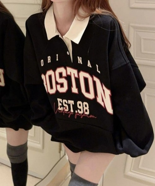 CANVAS+（キャンバスプラス）の「【CANVAS+】BOSTONプリント配色ポロ衿トップス（スウェット・レディース・レッド/ブラック・M）」の6枚目の写真