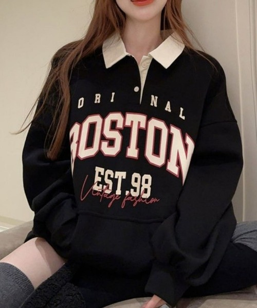 CANVAS+（キャンバスプラス）の「【CANVAS+】BOSTONプリント配色ポロ衿トップス（スウェット・レディース・レッド/ブラック・M）」の10枚目の写真