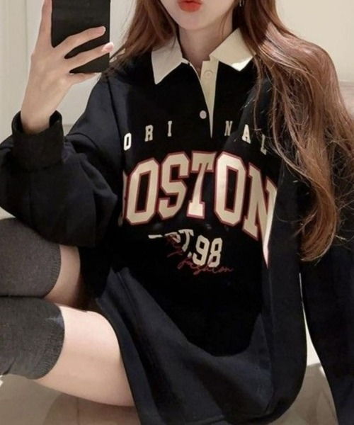 CANVAS+（キャンバスプラス）の「【CANVAS+】BOSTONプリント配色ポロ衿トップス（スウェット・レディース・レッド/ブラック・M）」の11枚目の写真