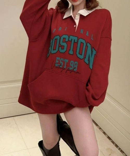 CANVAS+（キャンバスプラス）の「【CANVAS+】BOSTONプリント配色ポロ衿トップス（スウェット・レディース・レッド/ブラック・M）」の13枚目の写真