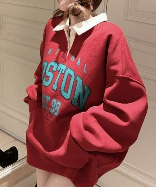 CANVAS+（キャンバスプラス）の「【CANVAS+】BOSTONプリント配色ポロ衿トップス（スウェット・レディース・レッド/ブラック・M）」の14枚目の写真