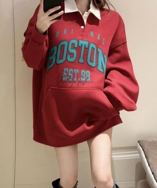 CANVAS+（キャンバスプラス）の「【CANVAS+】BOSTONプリント配色ポロ衿トップス（スウェット・レディース・レッド/ブラック・M）」の16枚目の写真