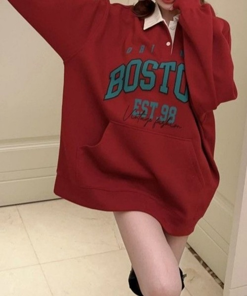 CANVAS+（キャンバスプラス）の「【CANVAS+】BOSTONプリント配色ポロ衿トップス（スウェット・レディース・レッド/ブラック・M）」の17枚目の写真
