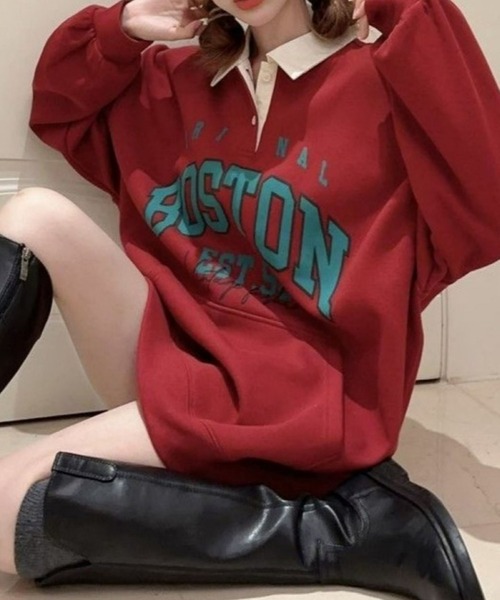 CANVAS+（キャンバスプラス）の「【CANVAS+】BOSTONプリント配色ポロ衿トップス（スウェット・レディース・レッド/ブラック・M）」の18枚目の写真