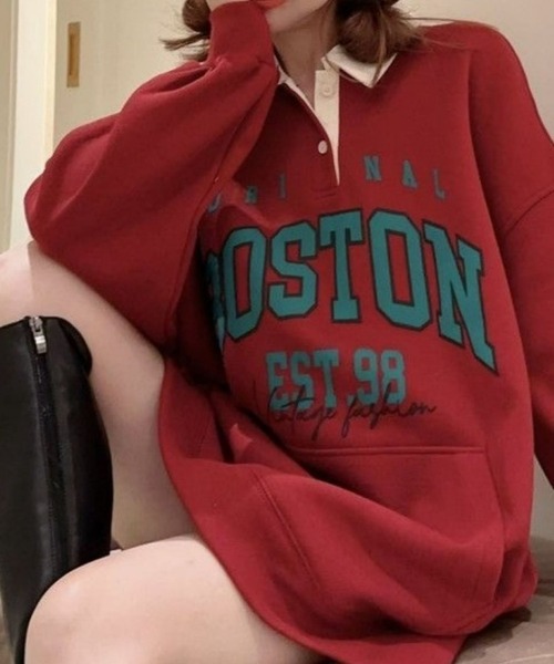 CANVAS+（キャンバスプラス）の「【CANVAS+】BOSTONプリント配色ポロ衿トップス（スウェット・レディース・レッド/ブラック・M）」の19枚目の写真