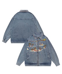 ハワイ刺繍ウォッシュデニムジャケット