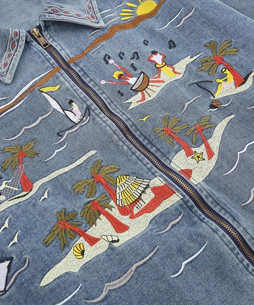 HOOK(フック)の「ハワイ刺繍ウォッシュデニムジャケット(デニムジャケット・メンズ・ブルー・L/M/XL)」の4枚目の写真