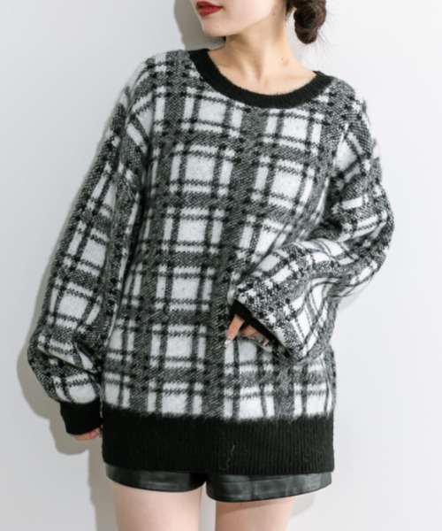 OLIVE des OLIVE(オリーブデオリーブ)の「チェックジャガードチュニック 1032090360(ニット/セーター・レディース・オフホワイト/サックスブルー/トップグレー・FREE)」の7枚目の写真