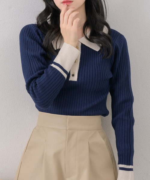 ems excite（エムズエキサイト）の「バイカラー襟NTPO（ニット/セーター・レディース・ナチュラル/ブルー/ベージュ・FREE）」の3枚目の写真