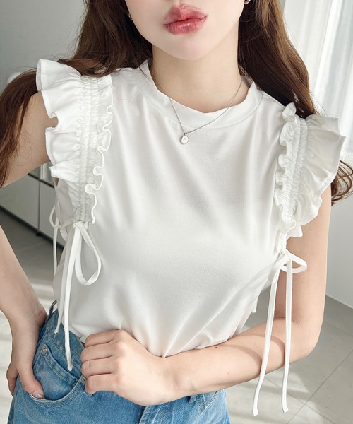 moment+(モーメントプラス)の「ギャザーフリルノースリーブTシャツ(Tシャツ/カットソー・レディース・ネイビー/ブラック/オフホワイト・M/L)」の1枚目の写真