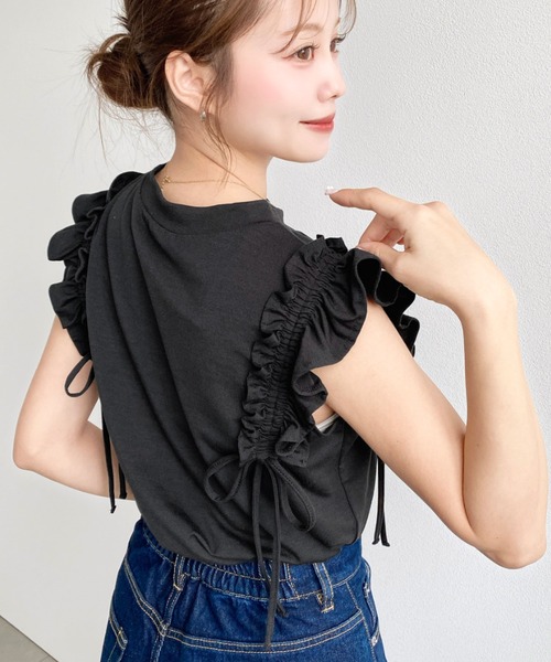 moment+(モーメントプラス)の「ギャザーフリルノースリーブTシャツ(Tシャツ/カットソー・レディース・ネイビー/ブラック/オフホワイト・M/L)」の6枚目の写真