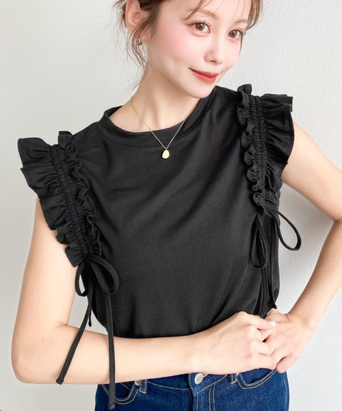 moment+(モーメントプラス)の「ギャザーフリルノースリーブTシャツ(Tシャツ/カットソー・レディース・ネイビー/ブラック/オフホワイト・M/L)」の18枚目の写真
