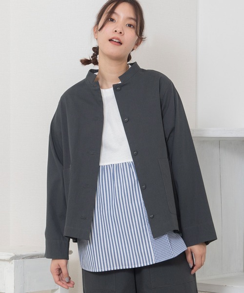 POU DOU DOU（プードゥドゥ）の「スタンドカラーシャツジャケット（ブルゾン・レディース・ブルー/ベージュ/ダークグレー・3）」の17枚目の写真