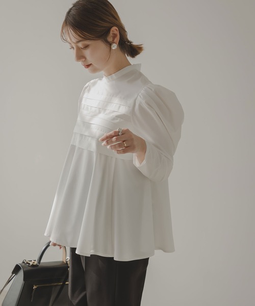 rectangle（レクタングル）の「フロントタックフレアブラウス（シャツ/ブラウス・レディース・ブラック/オフホワイト・FREE）」の4枚目の写真