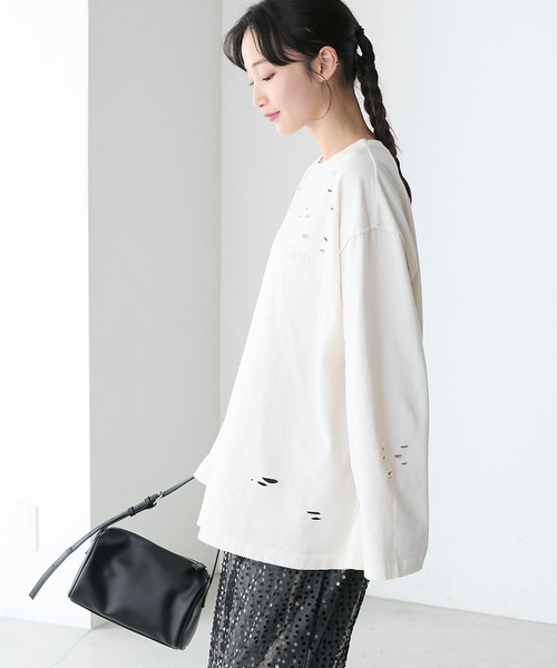 forksy.(フォルクシー)の「【forksy.】ダメージ加工ワンポイント刺繍ピグメントロンT(Tシャツ/カットソー・レディース・オフホワイト/ライトグリーン/ブラック・FREE)」の11枚目の写真