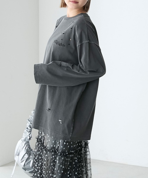 forksy.】ダメージ加工ワンポイント刺繍ピグメントロンT forksy