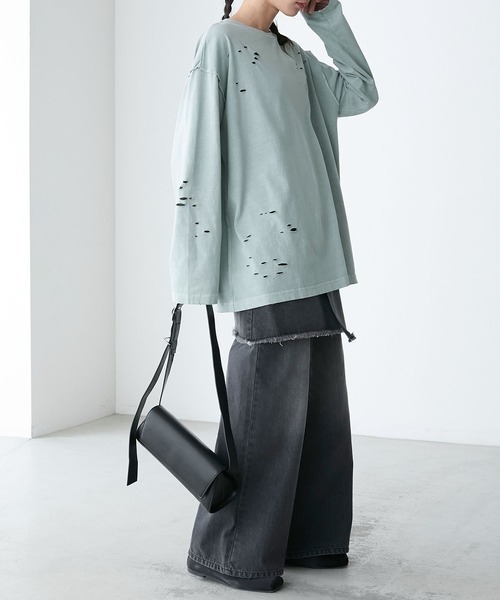 forksy.】ダメージ加工ワンポイント刺繍ピグメントロンT（Tシャツ