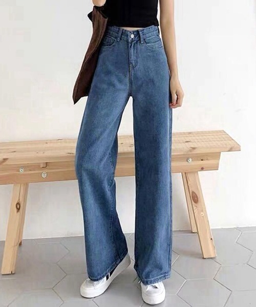 Miniministore(ミニミニストア)の「デニムワイドパンツハイウエストレディース(デニムパンツ・レディース・ブラック/インディゴブルー/サックスブルー・M/XL/S/L/2XL)」の4枚目の写真