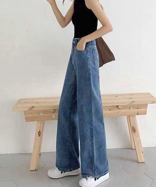Miniministore(ミニミニストア)の「デニムワイドパンツハイウエストレディース(デニムパンツ・レディース・ブラック/インディゴブルー/サックスブルー・M/XL/S/L/2XL)」の5枚目の写真