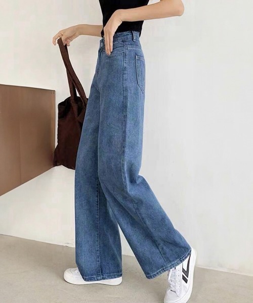 Miniministore(ミニミニストア)の「デニムワイドパンツハイウエストレディース(デニムパンツ・レディース・ブラック/インディゴブルー/サックスブルー・M/XL/S/L/2XL)」の6枚目の写真