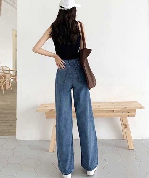 Miniministore(ミニミニストア)の「デニムワイドパンツハイウエストレディース(デニムパンツ・レディース・ブラック/インディゴブルー/サックスブルー・M/XL/S/L/2XL)」の7枚目の写真
