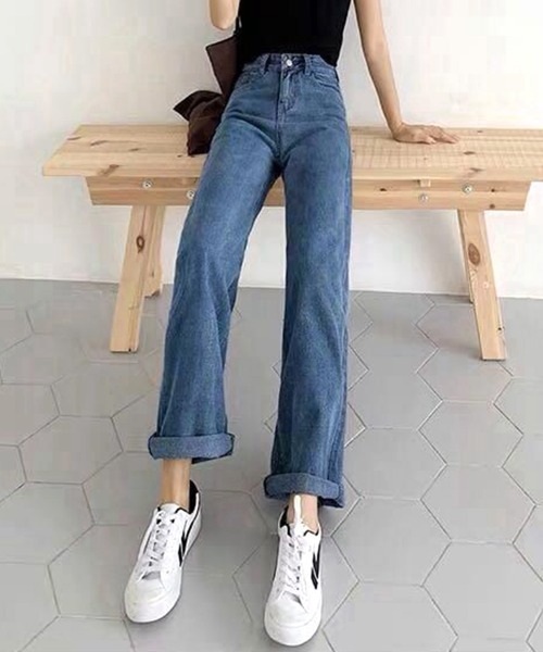 Miniministore(ミニミニストア)の「デニムワイドパンツハイウエストレディース(デニムパンツ・レディース・ブラック/インディゴブルー/サックスブルー・M/XL/S/L/2XL)」の8枚目の写真