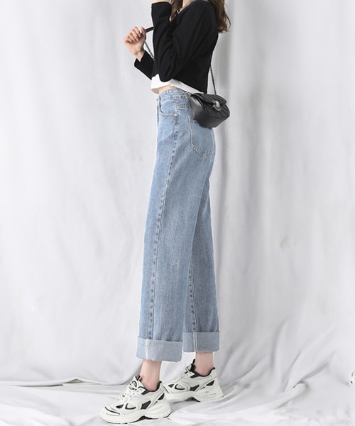 Miniministore(ミニミニストア)の「デニムワイドパンツハイウエストレディース(デニムパンツ・レディース・ブラック/インディゴブルー/サックスブルー・M/XL/S/L/2XL)」の19枚目の写真