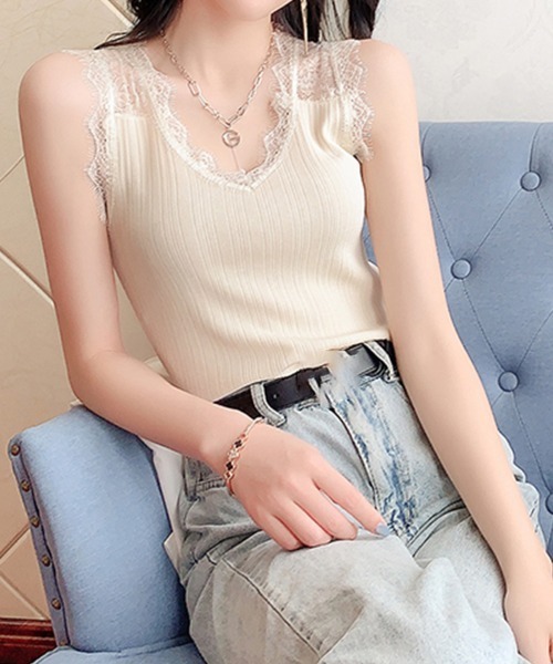 Miniministore(ミニミニストア)の「Vネックレースキャミソール レディース(キャミソール・レディース・ブラック/ライトベージュ/コーラルピンク/ブルー/ホワイト・FREE)」の11枚目の写真