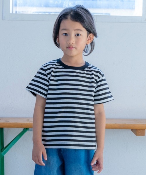 and D. petit main(アンドディープティマイン)の「デイリーボーダーカラー半袖Tシャツ(Tシャツ/カットソー・キッズ・サーモンピンク/グリーン/ホワイト/ライラック/レモンイエロー・130cm/120cm/110cm/100cm/90cm)」の2枚目の写真