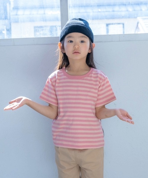 and D. petit main(アンドディープティマイン)の「デイリーボーダーカラー半袖Tシャツ(Tシャツ/カットソー・キッズ・サーモンピンク/グリーン/ホワイト/ライラック/レモンイエロー・130cm/120cm/110cm/100cm/90cm)」の12枚目の写真