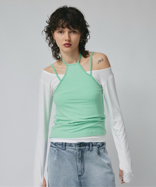 led.tokyo（レッドトウキョウ）の「【led.tokyo】ホルターネックキャミセットロングスリーブTEE（Tシャツ/カットソー・レディース・グリーン/ピンク/ブラック・FREE）」の14枚目の写真