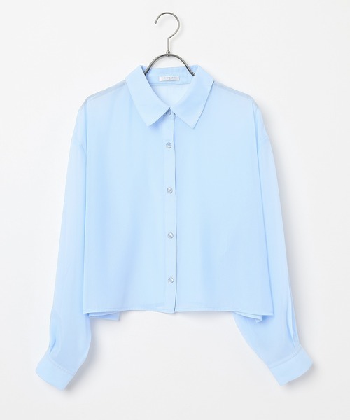 Honeys(ハニーズ)の「ショート丈シアーシャツ(シャツ/ブラウス・レディース・ホワイト/ライトグレー/ブラック/サックスブルー/イエロー/パープル/ピンク/モカ/スミクロ・SS/S/M/L)」の12枚目の写真