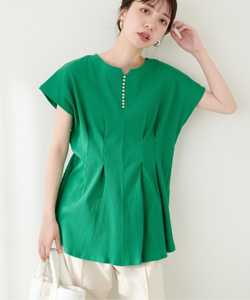 natural couture（ナチュラルクチュール）の「【mamamo】テレコリブZIPあきTOPS（Tシャツ/カットソー・レディース・ブラック/アイボリー/グリーン/ラベンダー・FREE）」の3枚目の写真