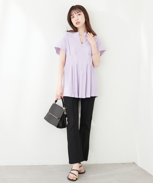 natural couture（ナチュラルクチュール）の「【mamamo】テレコリブZIPあきTOPS（Tシャツ/カットソー・レディース・ブラック/アイボリー/グリーン/ラベンダー・FREE）」の20枚目の写真