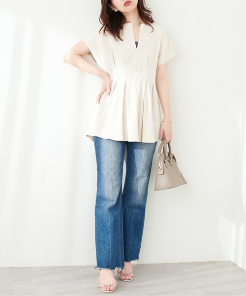 natural couture（ナチュラルクチュール）の「【mamamo】テレコリブZIPあきTOPS（Tシャツ/カットソー・レディース・ブラック/アイボリー/グリーン/ラベンダー・FREE）」の8枚目の写真