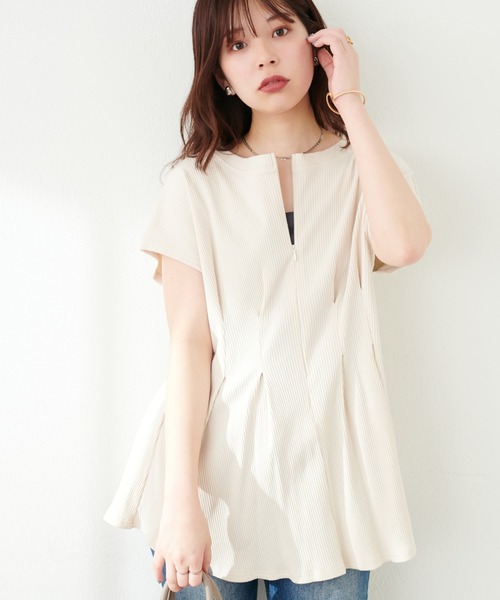 natural couture（ナチュラルクチュール）の「【mamamo】テレコリブZIPあきTOPS（Tシャツ/カットソー・レディース・ブラック/アイボリー/グリーン/ラベンダー・FREE）」の7枚目の写真