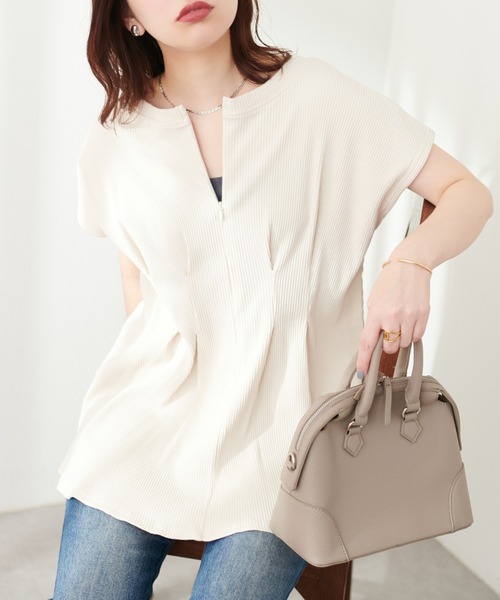 natural couture（ナチュラルクチュール）の「【mamamo】テレコリブZIPあきTOPS（Tシャツ/カットソー・レディース・ブラック/アイボリー/グリーン/ラベンダー・FREE）」の5枚目の写真