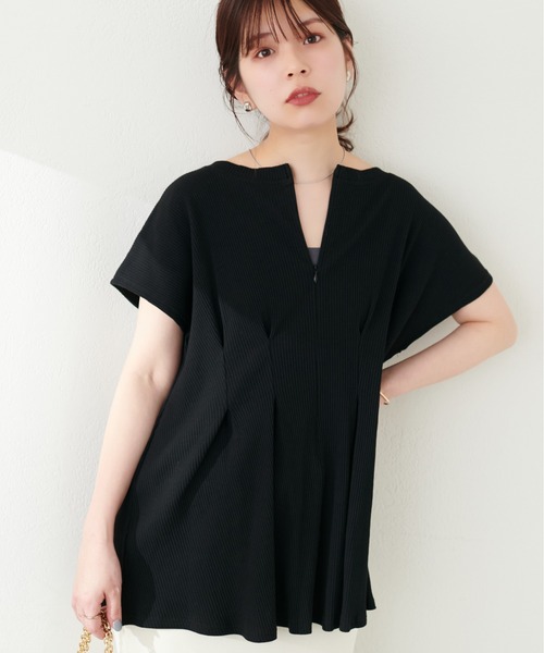 natural couture（ナチュラルクチュール）の「【mamamo】テレコリブZIPあきTOPS（Tシャツ/カットソー・レディース・ブラック/アイボリー/グリーン/ラベンダー・FREE）」の10枚目の写真