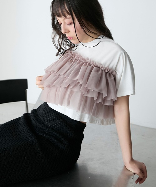 forksy.(フォルクシー)の「【forksy.】チュールフリルドッキングクロップドTシャツ(Tシャツ/カットソー・レディース・ホワイト/ブラック・FREE)」の3枚目の写真