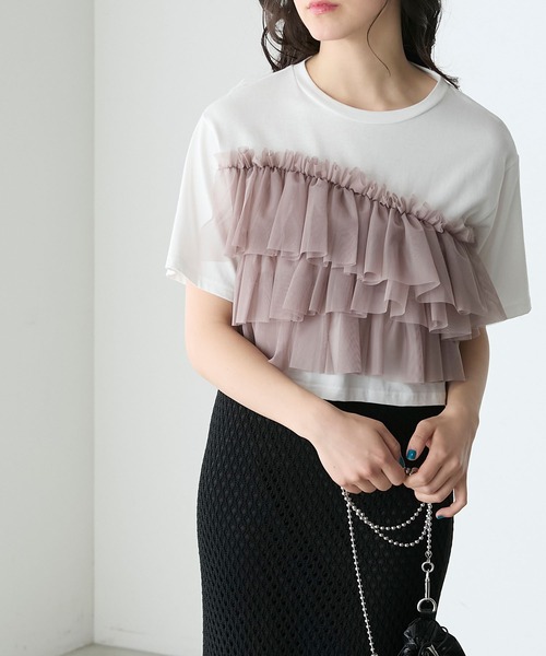 forksy.(フォルクシー)の「【forksy.】チュールフリルドッキングクロップドTシャツ(Tシャツ/カットソー・レディース・ホワイト/ブラック・FREE)」の6枚目の写真