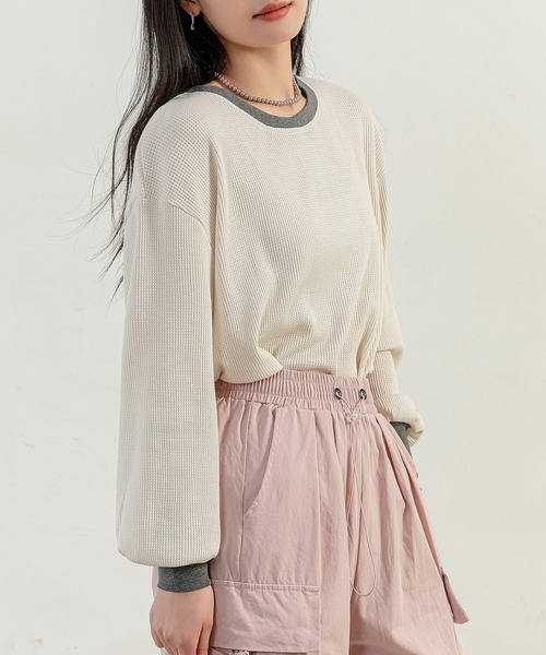 DAY CLOSET(デイ クローゼット)の「【旬のぽこぽこ質感】長袖バイカラー配色オーバーサイズワッフルリブトップス レディース(Tシャツ/カットソー・レディース・ブラック/ベージュ/グレー/オフホワイト・FREE)」の8枚目の写真