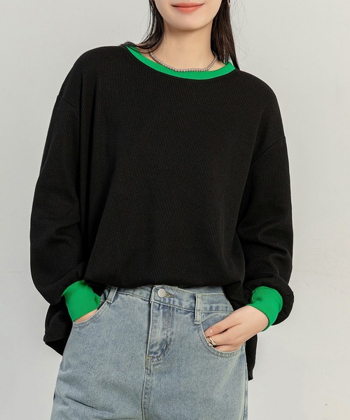 DAY CLOSET(デイ クローゼット)の「【旬のぽこぽこ質感】長袖バイカラー配色オーバーサイズワッフルリブトップス レディース(Tシャツ/カットソー・レディース・ブラック/ベージュ/グレー/オフホワイト・FREE)」の13枚目の写真